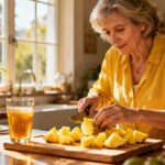 Femme de 55 ans coupant un ananas frais sur une planche en bois pour préparer un jus naturel dans une cuisine lumineuse