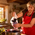 Femme de 55 ans vêtue d'un tablier rouge préparant du jus de sureau dans une cuisine rustique