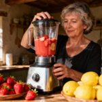 Femme de 55 ans préparant un jus de fruits frais avec des fraises rouges et citron dans un blender, dans une cuisine rustique